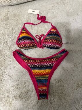 Seamoly Pink Multicolor Tribal Print Bikini Set